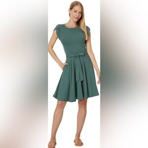 Pact Green Pleated Midi Dress with Flutter Cap Sleeves